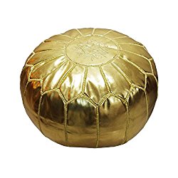 Moroccan Pouf Ottoman Footstool (Faux Leather) Genuine Hand-Stitched Seating | Living Room, Bedroom, Sitting Area | Gold | Exclusive Designs