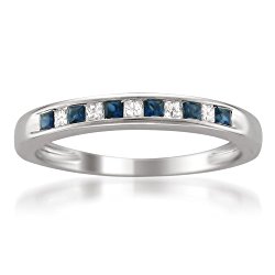 14k White Gold Princess-cut Diamond and Blue Sapphire Wedding Band Ring (1/3 cttw, H-I, I1-I2)