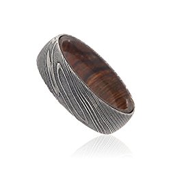 7mm Wide Damascus Steel Ring Etched Damascus Steel Bands Wedding Rings with a Tamboti Wood Sleeve