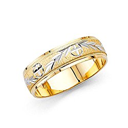 Wellingsale 14k Two 2 Tone White and Yellow Gold Polished Satin 6MM Diamond Cut Comfort Fit Wedding Band Ring
