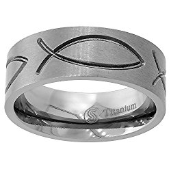 8mm Titanium Christian Fish Wedding Band Ichthys Ring Flat Comfort Fit, sizes 6 – 14