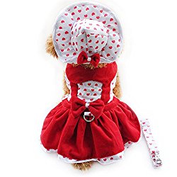 4pcs Dog puppy luxury princess Tutu Dress Skirt Set Small Dog Clothes Shirt Costume( Dog Dress+Dog Hat+Dog Panties+Dog Leash ) (S, Red Heart)
