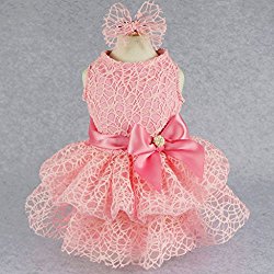 Fitwarm Luxury Pink Lace Dog Tutu Dress Pet Wedding Clothes Shirts + Matching Hair Clip, Pink, Large