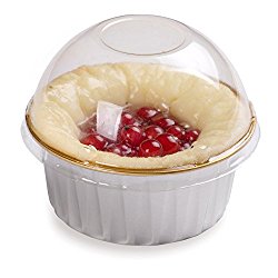 Premium 4.2-OZ Baking Cups with Lids – Round Foil Baking Cups & Lids Perfect for Fancy Desserts or Mini Snacks – Silver with Gold Liner Cup & Clear Lid – Oven & Freezer Safe – Recyclable – 100-CT