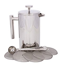 Amora 8-cup Stainless Steel French Press Coffee Maker – FREE Coffee Spoon & 5 Mesh Filters