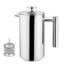 Highwin Small Stainless Steel French Press – 3 cups (4 oz each) Coffee Plunger, Press Pot, Best Tea Brewer & Maker, Quality Cafetiere – Double Walled. Unique Dual-Filter. Individual Serving