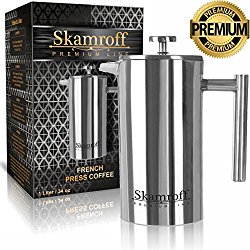 Skamroff Premium Stainless Steel French Coffee Press – Double Wall, Keep Warm and Safe for Making Perfect Coffee or Tea – Size: 1L, 34oz, 8 Cups