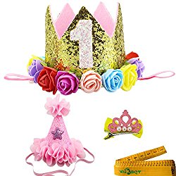 2 Pcs Adorable Cute Crown Shaped Cat Dog Pet 1 Year Birthday Headband and Pink Star Hair Head Bands Accessories for Dogs Cats Pets (Golden)