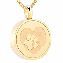 EternityMemory Pet Paw Print Heart Cremation Urn Locket Necklace Hold Dog/Cat Ashes Casket Keepsake Jewelry (Gold)