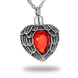 HooAMI Angel Wing Ruby Red Birthstone Heart Cremation Urn Necklace