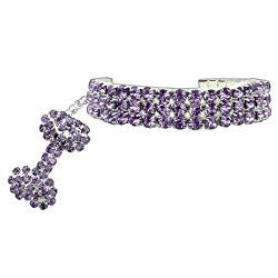 PETFAVORITES Fancy 3 Rows Rhinestones Dog Necklace Collar Jewelry with Bling Crystal Bone Charm for Pets Cats Small Dogs Girl Teacup Chihuahua Yorkie Clothes Costume Outfits (Purple, Size: 6″- 8″)