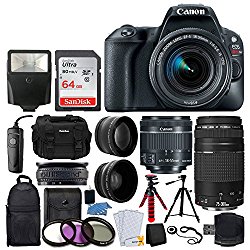 Canon EOS Rebel SL2 DSLR Camera + EF-S 18-55mm IS STM + EF 75-300mm III + 64GB Memory Card + Wide Angle & Telephoto + RS-60 Remote Switch + Slave Flash + Quality Tripod + Case & Backpack – Full Bundle