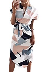 ECOWISH Womens Dresses Summer Casual V-Neck Floral Print Geometric Pattern Belted Dress