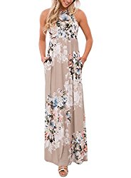 Jug&Po Women’s Floral Print Sleeveless Long Maxi Casual Dress (Medium, Beige)