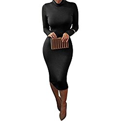 laiyuan Women Turtleneck Long Sleeve Slim Bodycon Wrap Tunic Pencil Midi Dress L Black