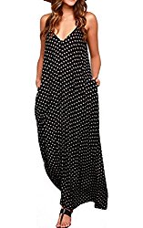LILBETTER Women’s Loose V-Neck Sleeveless Dot Print Boho Long Maxi Dress (Black,L)