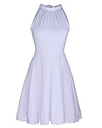 OUGES Women’s Stand Collar Off Shoulder Sleeveless Cotton Casual Dress(White,L)