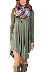 POSESHE Women’s Long Sleeve V-Neck Casual Loose Fit T-Shirt Dress Army Green L