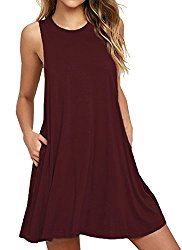 Viishow Womens Round Neck 3/4 Sleeves A-Line Casual Tshirt Dress with Pocket (S, Sleeveless Wine Red)