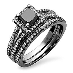 1.35 Carat (ctw) Black Rhodium Plated 14K White Gold Princess & Round Diamond Halo Engagement Ring Set