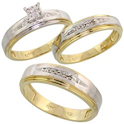 10k Yellow Gold Diamond Trio Engagement Wedding Ring Set for Him and Her 3-piece 6 mm & 5 mm wide 0.11 cttw Brilliant Cut, ladies sizes 5 – 10, mens sizes 8 – 14
