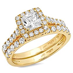 Clara Pucci 1.5 CT Princess Cut Pave Halo Bridal Engagement Wedding Ring band set 14k Yellow Gold