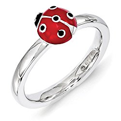 Sterling Silver Stackable Expressions Red and Black Enamel Lady Bug Ring