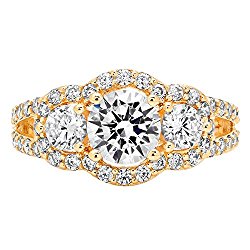 2.30 ct Halo Three Stone Round Brilliant Cut Engagement Bridal Anniversary Wedding Band Ring in 14K Yellow Gold, Clara Pucci