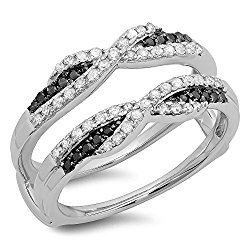 0.50 Carat (ctw) 14K Gold Black & White Diamond Ladies Swirl Wedding Enhancer Guard Double Band 1/2 CT