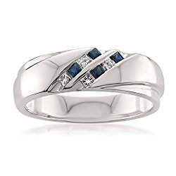 14k White Gold Princess-cut Diamond & Blue Sapphire Men’s Wedding Band Ring (1/4 cttw, H-I, I1-I2)