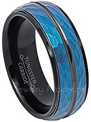 Jewelry Avalanche 2-Tone Hammered Finish Tungsten Wedding Band – 8mm Blue & Black IP Comfort Fit Tungsten Carbide Anniversary Ring
