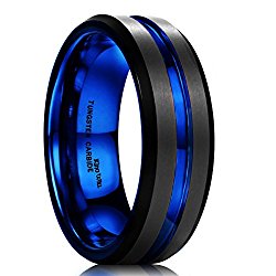 King Will DUO Mens 7mm Black Matte Finish Tungsten Carbide Ring Blue Beveled Edge Wedding Band