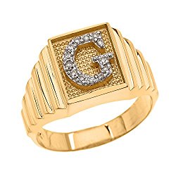 Men’s 10k Yellow Gold Layered Band Square Face Diamond Initial Letter G Ring