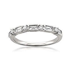 14k White Gold Baguette & Round Diamond Milgrain Bridal Wedding Band Ring (1/2 cttw, I-J, I1-I2)