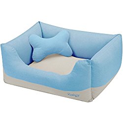Blueberry Pet Heavy Duty Cotton Linen Blended Canvas Overstuffed Cuddler Bolster Lounge Dog Bed, Removable & Washable Cover w/YKK Zippers, 25″ x 21″ x 10″, 6 Lbs, Baby Blue & Beige Color-block