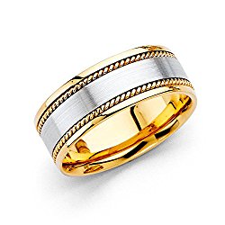 Wellingsale 14k Two 2 Tone White and Yellow Gold Polished Satin 8MM Rope Design Comfort Fit Wedding Band Ring