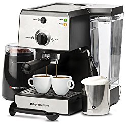 7 Pc All-In-One Espresso & Cappuccino Maker Machine Barista Bundle Set w/ Built-In Steam Wand (Inc: Coffee Bean Grinder, Portafilter, Frothing Cup, Spoon w/ Tamper & 2 Cups), Stainless Steel