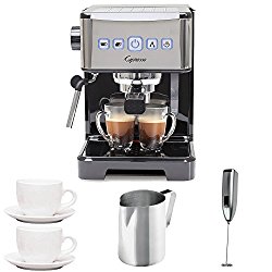 Capresso Ultima PRO Programmable Espresso & Cappuccino Machine + (2) Ceramic 3 oz. Espresso/Cappuccino Cup & Saucers + Stainless Steel Frothing Pitcher + Knox Handheld Milk Frother