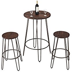 Costway 3 Pieces Bar Table Set with 2 Stools Round Height Steel Pub Dining Bistro Table Set Coffee