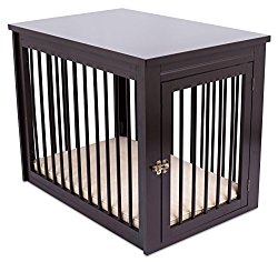 Internet’s Best Decorative Dog Kennel with Pet Bed | Wooden Dog House | Large Indoor Pet Crate Side Table | Espresso