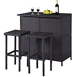 NEW 3PCS Rattan Wicker Bar Set Patio Outdoor Table & 2 Stools Furniture