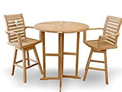 Windsor’s Genuine Grade A Teak Nassau 39″ Round Dropleaf Bar Table w/2 St Moritz Swivel Bar Arm Chairs, World’s Best Outdoor Furniture! Teak Lasts A Lifetime!