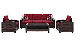 Ashley Furniture Signature Design – Meadowtown 4-Piece Outdoor Furniture Set – Sofa, 2 Lounge Chairs & Table – Red & Brown