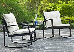 BestMassage Outdoor 3 Pcs Wicker Patio Furniture Sets Rocking Wicker Bistro Wicker Sofa Set With Two Chairs And One Coffee Table For Yard