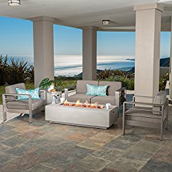 Crested Bay Patio Furniture ~ Outdoor Aluminum Sectional Sofa Set with Light Grey Fire Table (Khaki with Light Grey Fire Table)