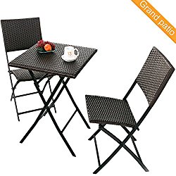 Grand Patio Parma Rattan Patio Bistro Set, Weather Resistant Outdoor Furniture Sets with Rust-proof Steel Frames, 3 Piece Bistro Set of Foldable Garden Table and Chairs, Brown
