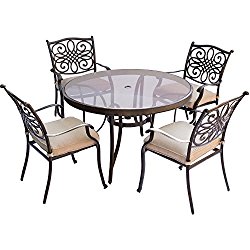 Hanover TRADDN5PCG Traditions 5 Piece Dining Set in Tan with 48″ Glass-top Table