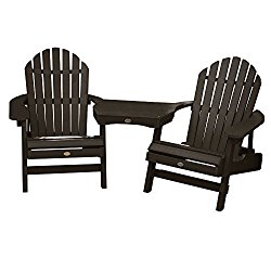 Highwood 2 Hamilton Folding & Reclining Adirondack Chairs with 1 Adirondack Tete-a-Tete Connecting Table, Weathered Acorn