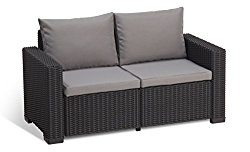 Keter California All Weather Outdoor 2-Seater Patio Sofa Loveseat with Cushions in a Resin Plastic Wicker Pattern, Graphite/Cool Grey