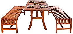 Malibu V189SET13  Eco-Friendly 3 Piece Wood Outdoor Dining Set with Curvy Table and Backless Benches